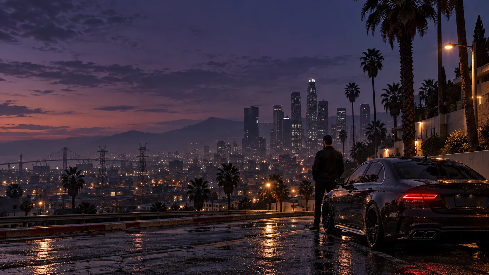 Cadru conceptual din Los Santos: oraș la amurg, palmieri și un automobil