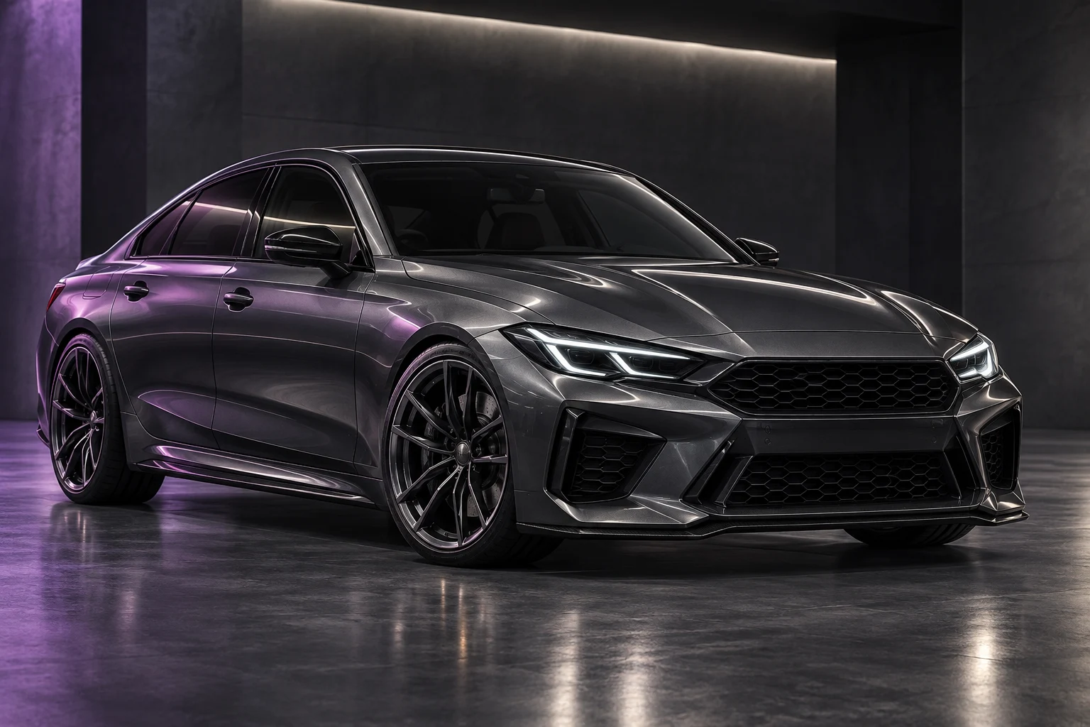 Concept de berlină sport gri închis, prezentată din față și lateral într-un studio